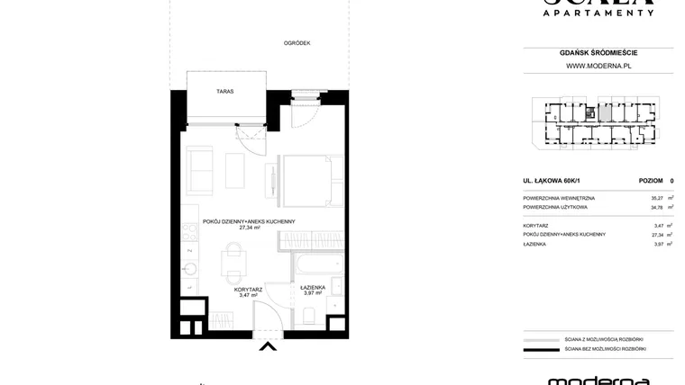 Rzut - Mieszkanie na sprzedaż 1 pokój o powierzchni 35,27 m² - numer K-1 (N) w Scala