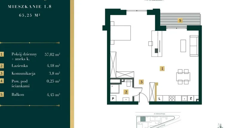 Rzut - Mieszkanie na sprzedaż 1 pokój o powierzchni 64,47 m² - numer 1.8 w New Iron