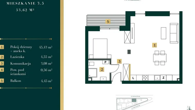Rzut - Mieszkanie na sprzedaż 1 pokój o powierzchni 53,02 m² - numer 3.5 w New Iron