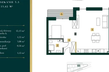Rzut - Mieszkanie na sprzedaż 1 pokój o powierzchni 53,02 m² - numer 3.5 w New Iron