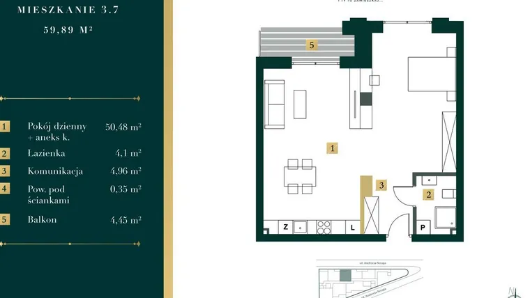 Rzut - Mieszkanie na sprzedaż 1 pokój o powierzchni 59,11 m² - numer 3.7 w New Iron