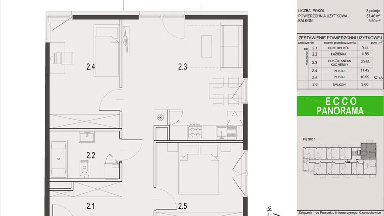 Rzut - Mieszkanie na sprzedaż 3 pokoje o powierzchni 57,28 m² - numer 8.A w Ecco Panorama etap I budynki A, B