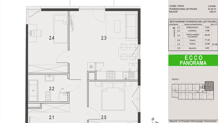 Rzut - Mieszkanie na sprzedaż 3 pokoje o powierzchni 57,11 m² - numer 9.B w Ecco Panorama etap I budynki A, B