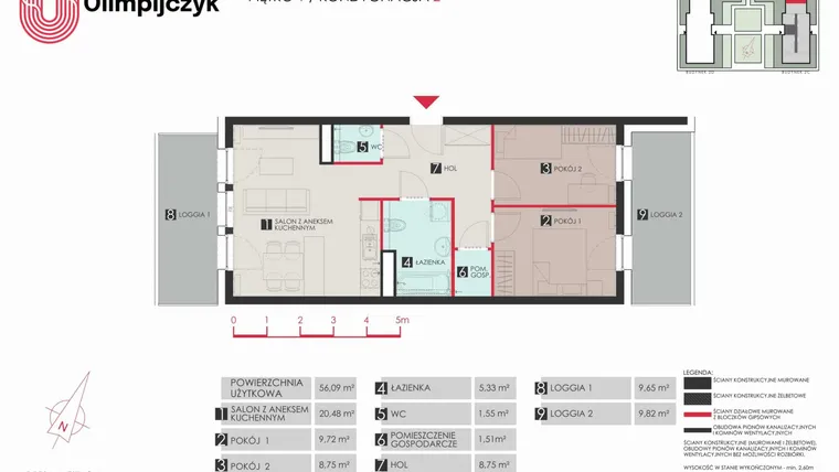 Rzut - Mieszkanie na sprzedaż 3 pokoje o powierzchni 56,64 m² - numer C8 w Osiedle Olimpijczyk II etap