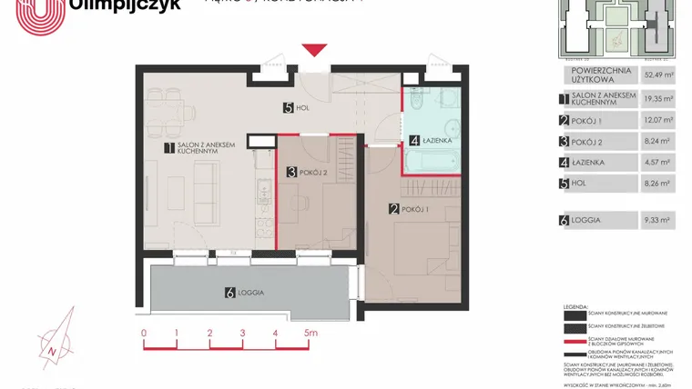 Rzut - Mieszkanie na sprzedaż 3 pokoje o powierzchni 52,84 m² - numer C19 w Osiedle Olimpijczyk II etap