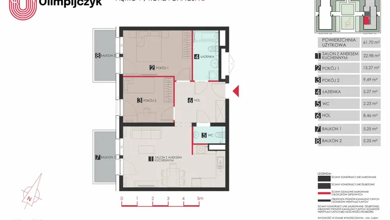 Rzut - Mieszkanie na sprzedaż 3 pokoje o powierzchni 61,78 m² - numer C42 w Osiedle Olimpijczyk II etap