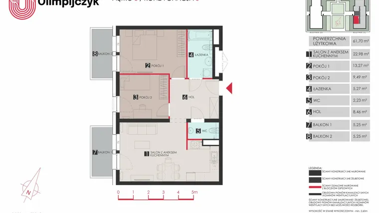 Rzut - Mieszkanie na sprzedaż 3 pokoje o powierzchni 62,08 m² - numer C66 w Osiedle Olimpijczyk II etap