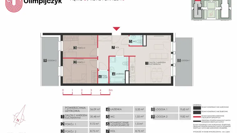 Rzut - Mieszkanie na sprzedaż 3 pokoje o powierzchni 56,9 m² - numer D13 w Osiedle Olimpijczyk II etap