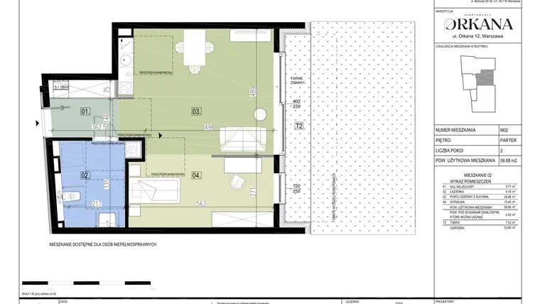 Rzut - Mieszkanie na sprzedaż 2 pokoje o powierzchni 58,88 m² - numer M02 w Apartamenty Orkana