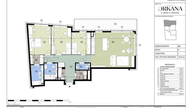 Rzut - Mieszkanie na sprzedaż 4 pokoje o powierzchni 119,92 m² - numer M04 w Apartamenty Orkana