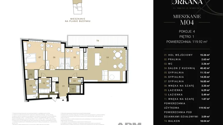 Rzut - Mieszkanie na sprzedaż 4 pokoje o powierzchni 120,75 m² - numer M04 w Apartamenty Orkana