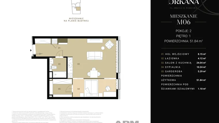 Rzut - Mieszkanie na sprzedaż 2 pokoje o powierzchni 52,48 m² - numer M06 w Apartamenty Orkana
