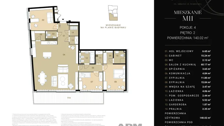 Rzut - Mieszkanie na sprzedaż 4 pokoje o powierzchni 140,31 m² - numer M11 w Apartamenty Orkana