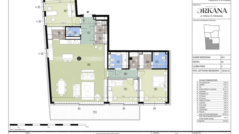 Rzut - Mieszkanie na sprzedaż 4 pokoje o powierzchni 140,02 m² - numer M11 w Apartamenty Orkana