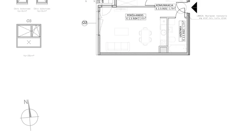 Rzut - Mieszkanie na sprzedaż 2 pokoje o powierzchni 45,69 m² - numer E.1.5.9 w Osiedle Koncept III