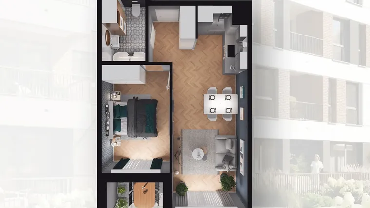 Rzut - Mieszkanie na sprzedaż 2 pokoje o powierzchni 44,55 m² - numer B2.61 w Quercus