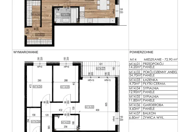 Rzut - Mieszkanie na sprzedaż 3 pokoje o powierzchni 71,94 m² - numer E14 w Osiedle Sosnowa