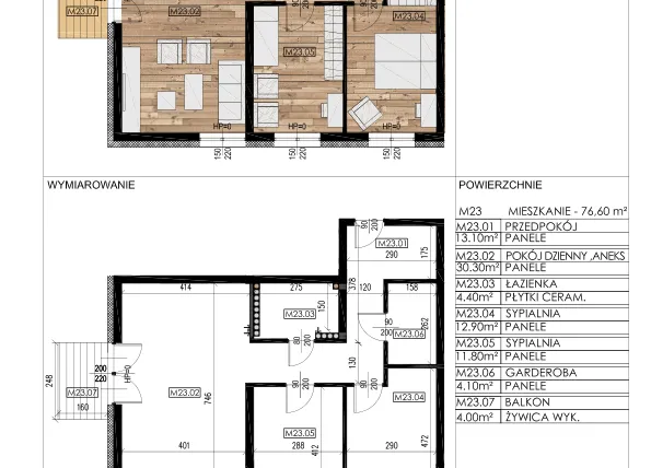 Rzut - Mieszkanie na sprzedaż 3 pokoje o powierzchni 76,39 m² - numer E23 w Osiedle Sosnowa