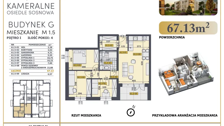 Rzut - Mieszkanie na sprzedaż 4 pokoje o powierzchni 66,49 m² - numer M1.5 w Osiedle Sosnowa G