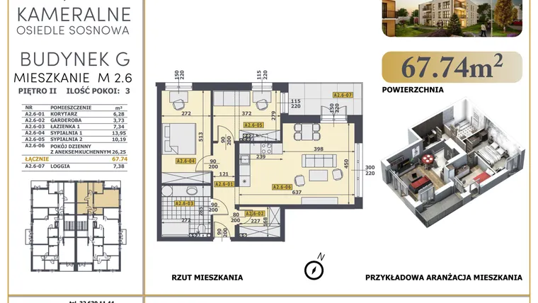 Rzut - Mieszkanie na sprzedaż 3 pokoje o powierzchni 66,98 m² - numer M2.6 w Osiedle Sosnowa G