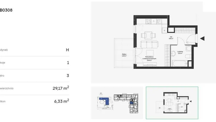 Rzut - Mieszkanie na sprzedaż 1 pokój o powierzchni 29,22 m² - numer HB0308 w Holm House 5