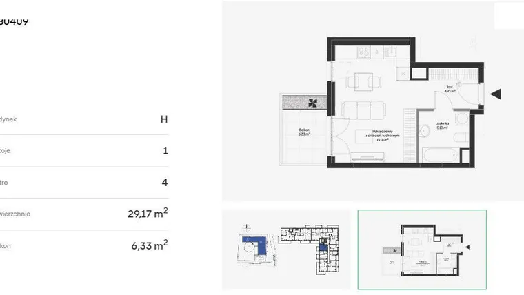 Rzut - Mieszkanie na sprzedaż 1 pokój o powierzchni 29,19 m² - numer HB0409 w Holm House 5