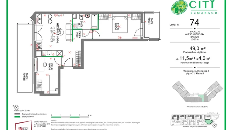Rzut - Mieszkanie na sprzedaż 3 pokoje o powierzchni 49 m² - numer 74 w Comfort City Szmaragd