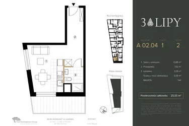 Rzut - Mieszkanie na sprzedaż 1 pokój o powierzchni 25,55 m² - numer A.02.04 w 3 lipy