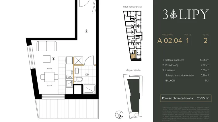 Rzut - Mieszkanie na sprzedaż 1 pokój o powierzchni 25,55 m² - numer A.02.04 w 3 lipy