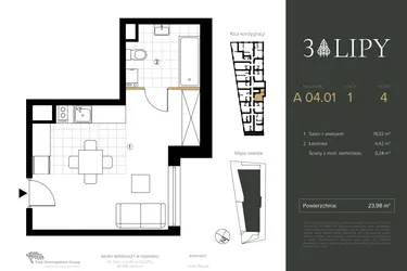 Rzut - Mieszkanie na sprzedaż 1 pokój o powierzchni 23,98 m² - numer A.04.01 w 3 lipy