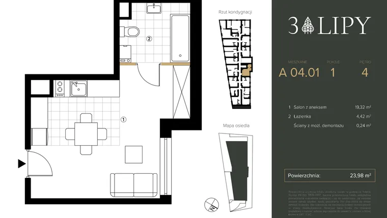 Rzut - Mieszkanie na sprzedaż 1 pokój o powierzchni 23,98 m² - numer A.04.01 w 3 lipy