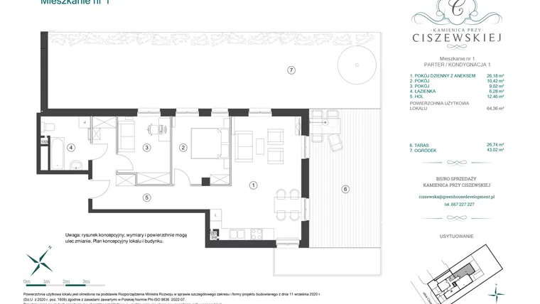 Rzut - Mieszkanie na sprzedaż 3 pokoje o powierzchni 64,36 m² - numer 1 w Kamienica przy Ciszewskiej