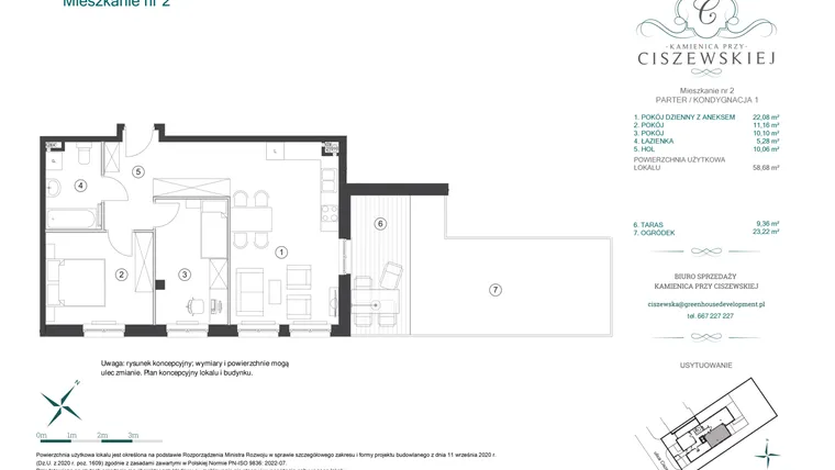Rzut - Mieszkanie na sprzedaż 3 pokoje o powierzchni 58,68 m² - numer 2 w Kamienica przy Ciszewskiej
