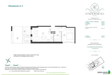 Rzut - Mieszkanie na sprzedaż 2 pokoje o powierzchni 37,43 m² - numer 3 w Kamienica przy Ciszewskiej