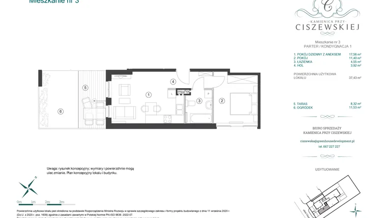 Rzut - Mieszkanie na sprzedaż 2 pokoje o powierzchni 37,43 m² - numer 3 w Kamienica przy Ciszewskiej