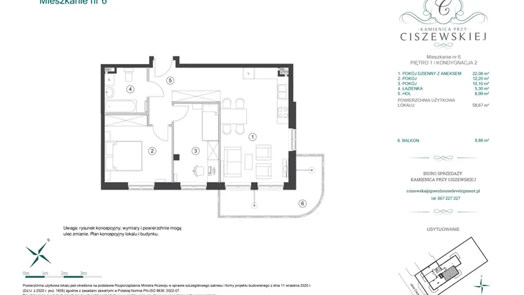 Rzut - Mieszkanie na sprzedaż 3 pokoje o powierzchni 58,67 m² - numer 6 w Kamienica przy Ciszewskiej