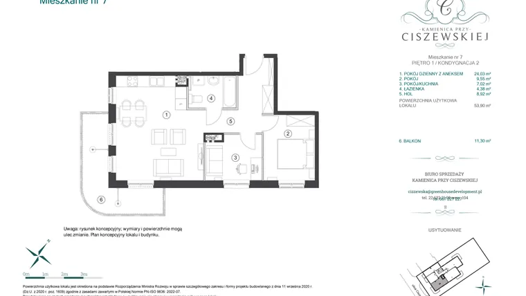 Rzut - Mieszkanie na sprzedaż 2 pokoje o powierzchni 53,9 m² - numer 7 w Kamienica przy Ciszewskiej