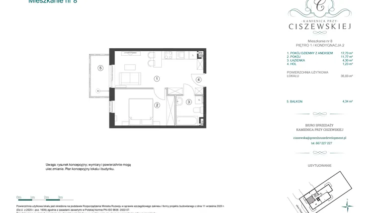 Rzut - Mieszkanie na sprzedaż 2 pokoje o powierzchni 35,03 m² - numer 8 w Kamienica przy Ciszewskiej