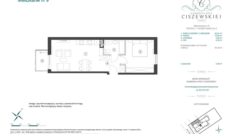 Rzut - Mieszkanie na sprzedaż 2 pokoje o powierzchni 44,7 m² - numer 9 w Kamienica przy Ciszewskiej