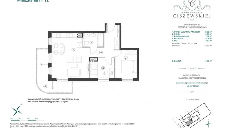 Rzut - Mieszkanie na sprzedaż 2 pokoje o powierzchni 53,9 m² - numer 12 w Kamienica przy Ciszewskiej