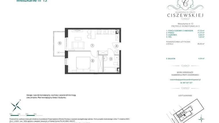 Rzut - Mieszkanie na sprzedaż 2 pokoje o powierzchni 35,03 m² - numer 13 w Kamienica przy Ciszewskiej