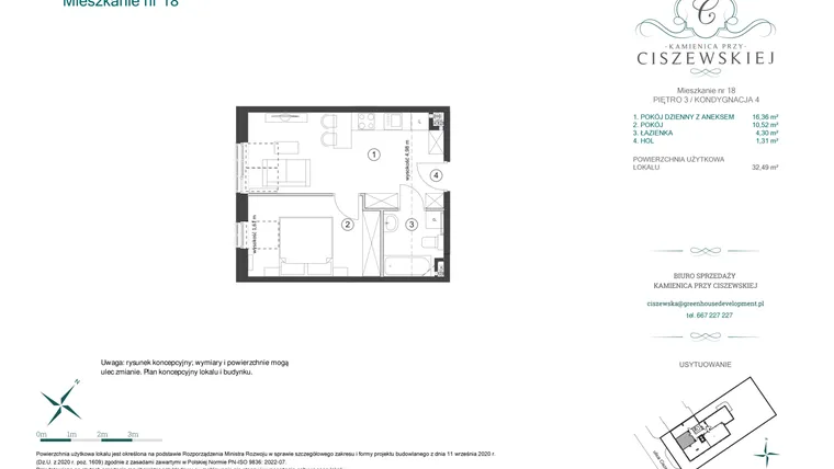 Rzut - Mieszkanie na sprzedaż 2 pokoje o powierzchni 32,49 m² - numer 18 w Kamienica przy Ciszewskiej