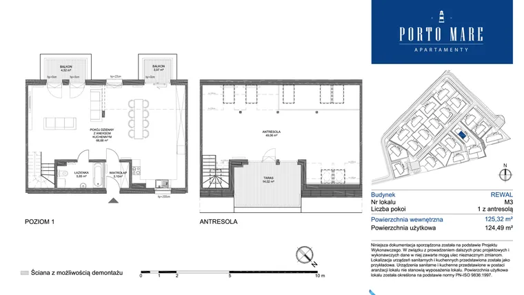 Rzut - Mieszkanie na sprzedaż 2 pokoje o powierzchni 124,49 m² - numer REWAL M3 w Porto Mare