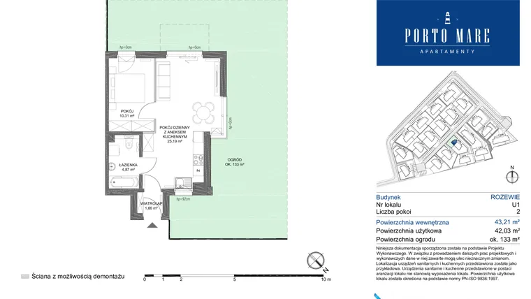Rzut - Mieszkanie na sprzedaż 2 pokoje o powierzchni 42,03 m² - numer ROZEWIE U1 w Porto Mare