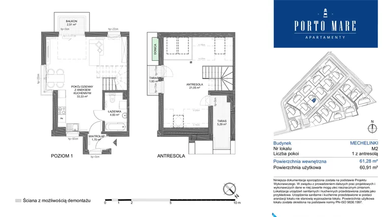 Rzut - Mieszkanie na sprzedaż 2 pokoje o powierzchni 60,91 m² - numer MECHELINKI M2 w Porto Mare