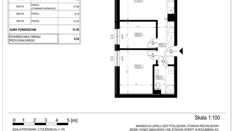 Rzut - Mieszkanie na sprzedaż 3 pokoje o powierzchni 50,91 m² - numer B-0-1 w Zamieszkaj na Rudawskiej 5