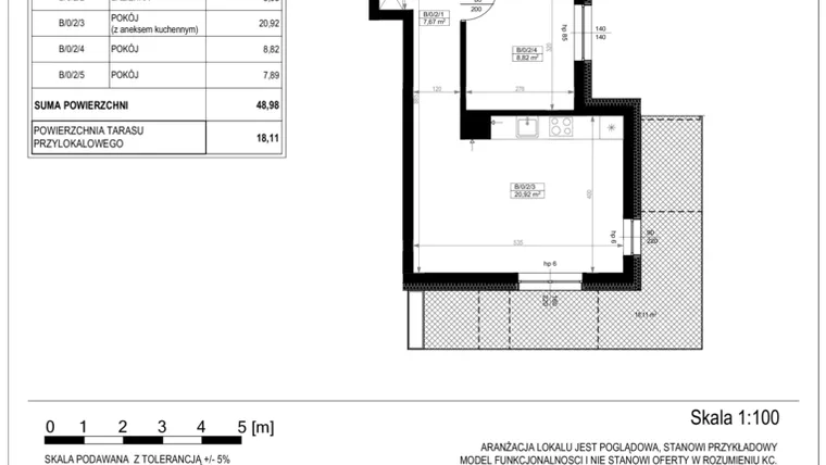 Rzut - Mieszkanie na sprzedaż 3 pokoje o powierzchni 48,99 m² - numer B-0-2 w Zamieszkaj na Rudawskiej 5