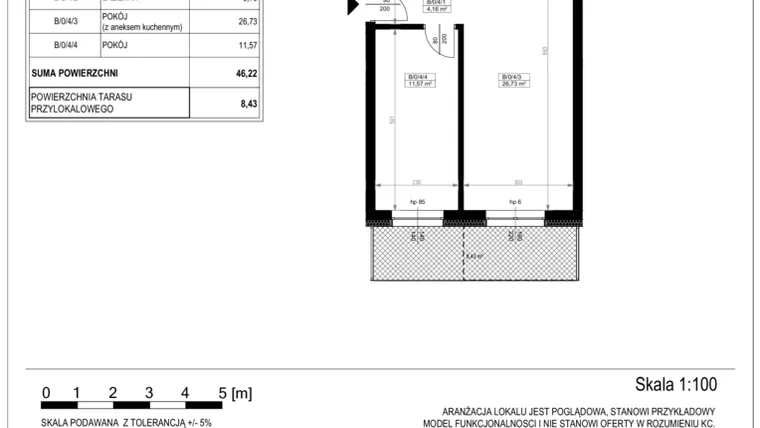 Rzut - Mieszkanie na sprzedaż 2 pokoje o powierzchni 46,23 m² - numer B-0-4 w Zamieszkaj na Rudawskiej 5