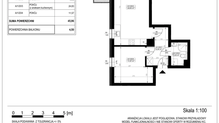 Rzut - Mieszkanie na sprzedaż 2 pokoje o powierzchni 45,78 m² - numer A-1-20 w Zamieszkaj na Rudawskiej 5