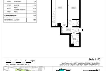 Rzut - Mieszkanie na sprzedaż 2 pokoje o powierzchni 43,53 m² - numer A-1-21 w Zamieszkaj na Rudawskiej 5